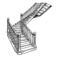 Hand drawn illustration of a detailed wooden staircase with banisters in black and white perspective view vector