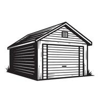 illustration of a rustic garage building depicting an architectural design in black and white artwork. vector