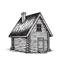 Hand-drawn illustration of a rustic log cabin with chimney and window against a white background a charming forest retreat. vector