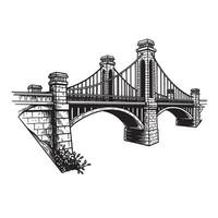An intricately detailed black and white illustration of a classic bridge design with architectural elements vector