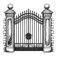 Detailed black and white illustration of a vintage wrought iron gate architectural structure between two brick pillars vector