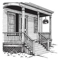 Black and white illustration of a vintage style porch with steps and hanging plants drawing style vector
