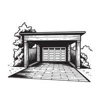 Hand-drawn black and white illustration of a garage with a brick wall and a paved driveway surrounded by greenery. vector