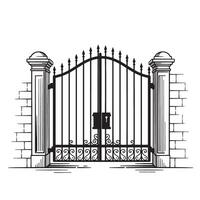 Decorative wrought iron gate with brick pillars and elegant architectural design in black and white illustration. vector