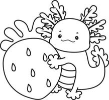 Outline of axolotl bring a big strawberry. Coloring pages of Funny pink axolotl in daily routine stickers. vector