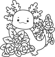 Outline of axolotl in the middle of rose garden. Coloring pages of Funny pink axolotl in daily routine stickers. vector