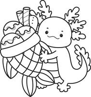Outline of axolotl bring a taiyaki ice cream. Coloring pages of Funny pink axolotl in daily routine stickers. vector