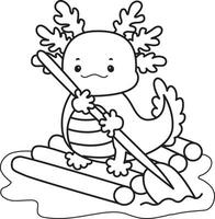 Outline of axolotl riding a ship. Coloring pages of Funny pink axolotl in daily routine stickers. vector