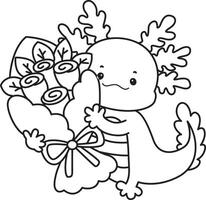 Outline of axolotl bring a rose bouquette. Coloring pages of Funny pink axolotl in daily routine stickers. vector