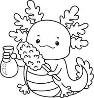 Outline of axolotl cleaning the vase with feather duster. Coloring pages of Funny pink axolotl in daily routine stickers. vector