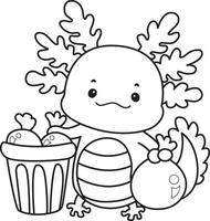 Outline of axolotl throw the garbage into its place. Coloring pages of Funny pink axolotl in daily routine stickers. vector