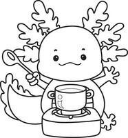 Outline of axolotl cooking a soup. Coloring pages of Funny pink axolotl in daily routine stickers. vector