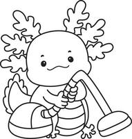 Outline of axolotl cleaning the floor with vacuum cleaner. Coloring pages of Funny pink axolotl in daily routine stickers. vector
