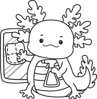 Outline of axolotl cleaning the window with sink and spray. Coloring pages of Funny pink axolotl in daily routine stickers. vector