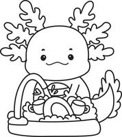 Outline of axolotl cleaning the plate in the sink. Coloring pages of Funny pink axolotl in daily routine stickers. vector