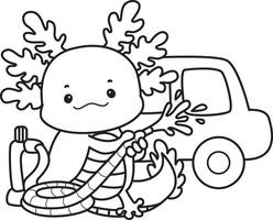 Outline of axolotl washing a car. Coloring pages of Funny pink axolotl in daily routine stickers. vector