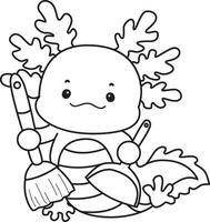 Outline of axolotl cleaning the floor with duster and broom. Coloring pages of Funny pink axolotl in daily routine stickers. vector