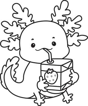 Outline of axolotl drinking a strawberry milk. Coloring pages of Funny pink axolotl in daily routine stickers. vector