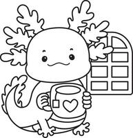 Outline of axolotl want to drinking hot tea. Coloring pages of Funny pink axolotl in daily routine stickers. vector
