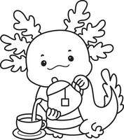 Outline of axolotl pouring a tea. Coloring pages of Funny pink axolotl in daily routine stickers. vector