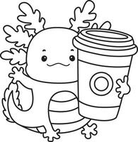 Outlne of axolotl bring a cup of coffee. Coloring pages of Funny pink axolotl in daily routine stickers. vector