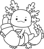 Outline of axolotl bring a bread. Coloring pages of Funny pink axolotl in daily routine stickers. vector