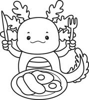 Outline of axolotl want to eating bacon and eggs. Coloring pages of Funny pink axolotl in daily routine stickers. vector