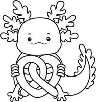 Outline of axolotl bring a waffle. Coloring pages of Funny pink axolotl in daily routine stickers. vector