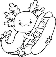 Outline of axolotl bring a hot dog. Coloring pages of Funny pink axolotl in daily routine stickers. vector