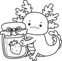 Outline of axolotl bring a strawberry jam. Coloring pages of Funny pink axolotl in daily routine stickers. vector
