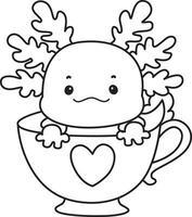 Outline of axolotl in the cup of tea. Coloring pages of Funny pink axolotl in daily routine stickers. vector