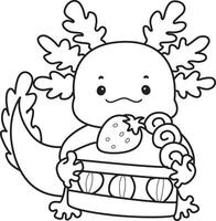 Outline of axolotl bring a slice of cake. Coloring pages of Funny pink axolotl in daily routine stickers. vector