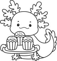 Outline of axolotl bring a three of cupcakes. Coloring pages of Funny pink axolotl in daily routine stickers. vector