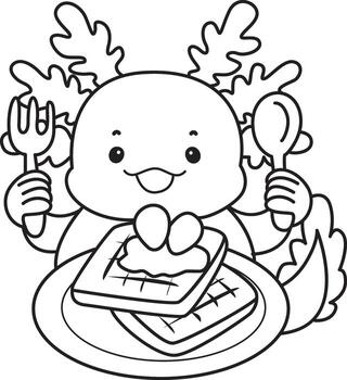 Outline of axolotl want to eating strawberry bread, Coloring pages of Funny pink axolotl in daily routine stickers. vector