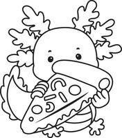 Outline of axolotl bring a pizza. Coloring pages of Funny pink axolotl in daily routine stickers. vector