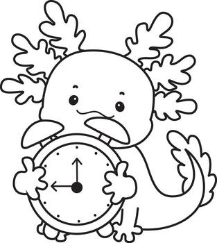 Outline of axolotl bring an alarm clock. Coloring pages of Funny pink axolotl in daily routine stickers. vector