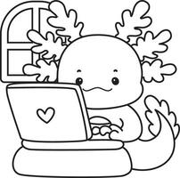 Outline of axolotl working with notepad. Coloring pages of Funny pink axolotl in daily routine stickers. vector
