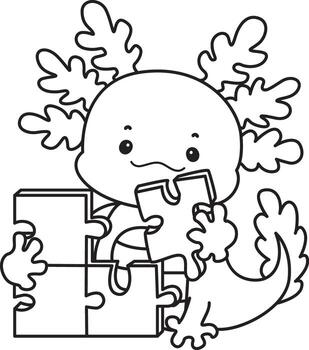 Outline of axolotl playing a puzzle. Coloring pages of Funny pink axolotl in daily routine stickers. vector