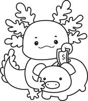 Outline of axolotl savings money in the piggy bank. Coloring pages of Funny pink axolotl in daily routine stickers. vector
