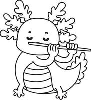 Outline of axolotl playing a flute. Coloring pages of Funny pink axolotl in daily routine stickers. vector