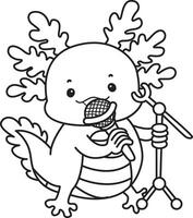 Outline of axolotl sing a song with microphone. Coloring pages of Funny pink axolotl in daily routine stickers. vector