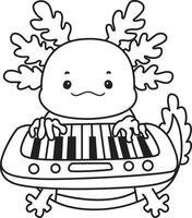 Outline of axolotl playing a piano. Coloring pages of Funny pink axolotl in daily routine stickers. vector
