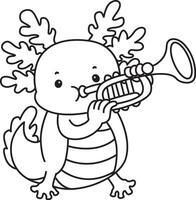 Outline of axolotl playing a trumpet. Coloring pages of Funny pink axolotl in daily routine stickers. vector