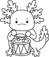 Outline of axolotl playing a drum in the festival. Coloring pages of Funny pink axolotl in daily routine stickers. vector