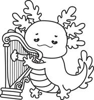 Outline og axolotl playing a harpa. Coloring pages of Funny pink axolotl in daily routine stickers. vector