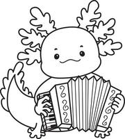 Outline of axolotl playing an accordion. Coloring pages of Funny pink axolotl in daily routine stickers.Coloring pages of Funny pink axolotl in daily routine stickers. vector