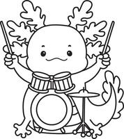 Outline of axolotl playing a drum. Coloring pages of Funny pink axolotl in daily routine stickers. vector
