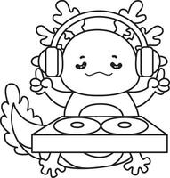 Outline of axolotl playing a disc in the pub. Coloring pages of Funny pink axolotl in daily routine stickers. vector