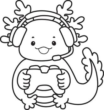 Outline of axolotl playing a game. Coloring pages of Funny pink axolotl in daily routine stickers. vector