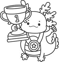 Outline of axoltol bring a medal. Coloring pages of Funny pink axolotl in daily routine stickers. vector